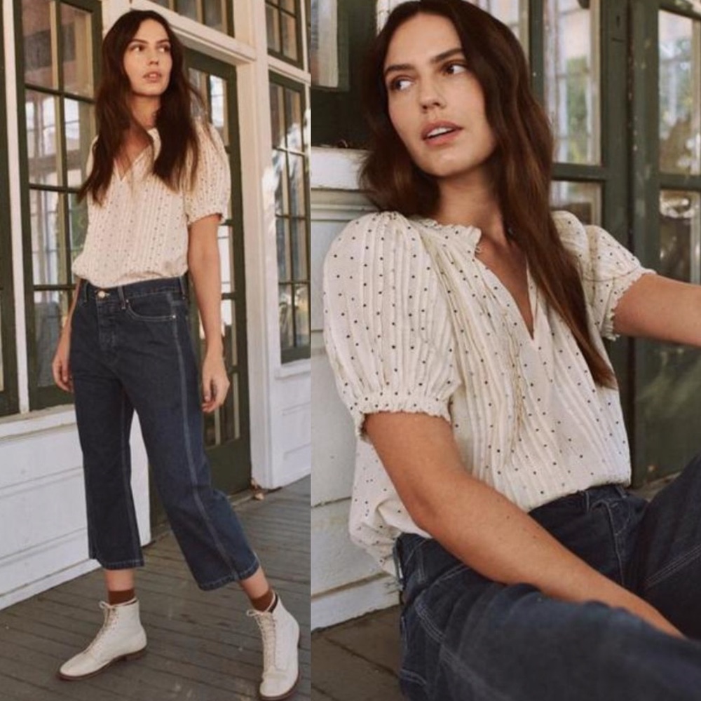 THE GREAT. Cream Polka Dot Blouse